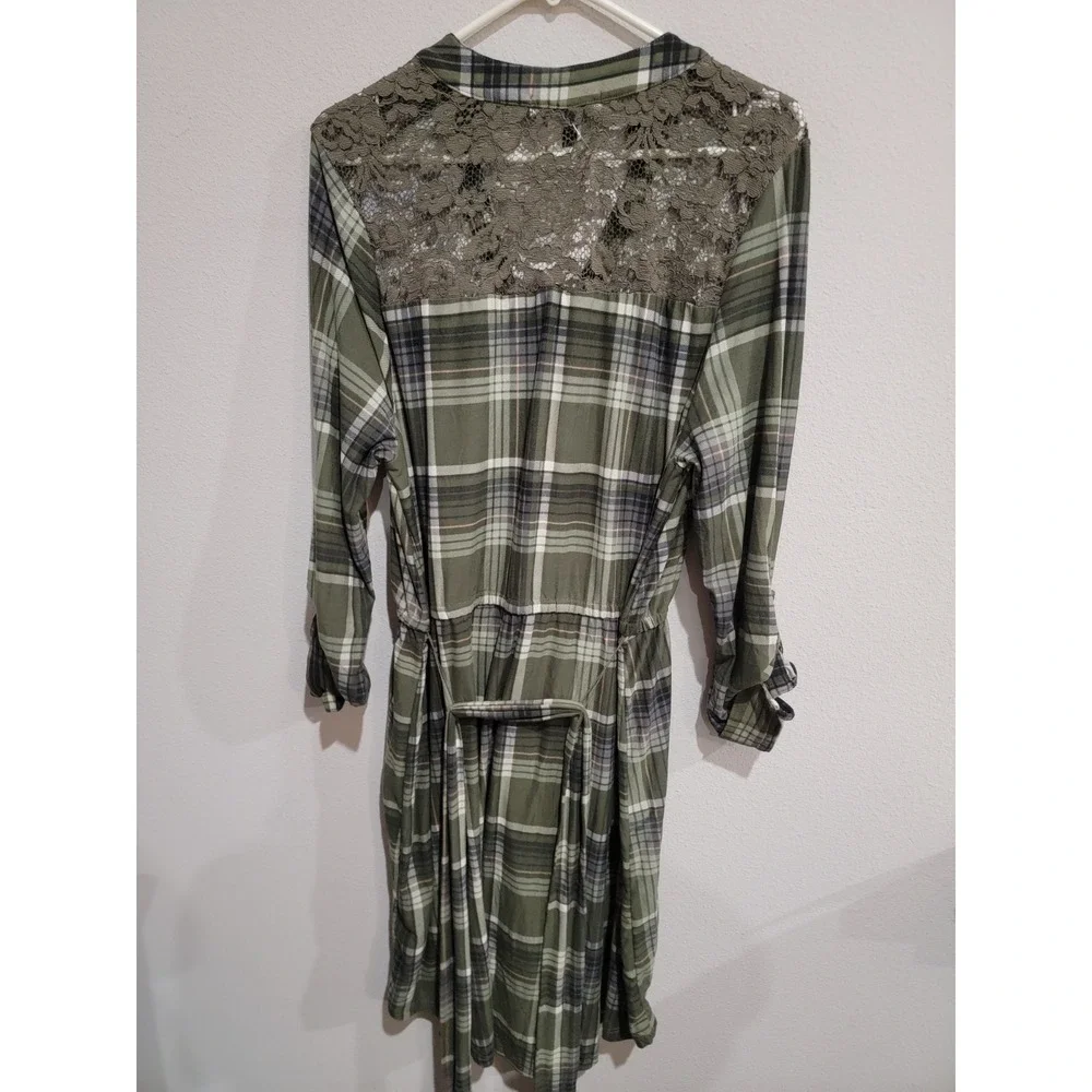 Derek Heart Womens 2X Olive‎ Green Belted Shirt Dress Long Sleeve Lace Back NWT